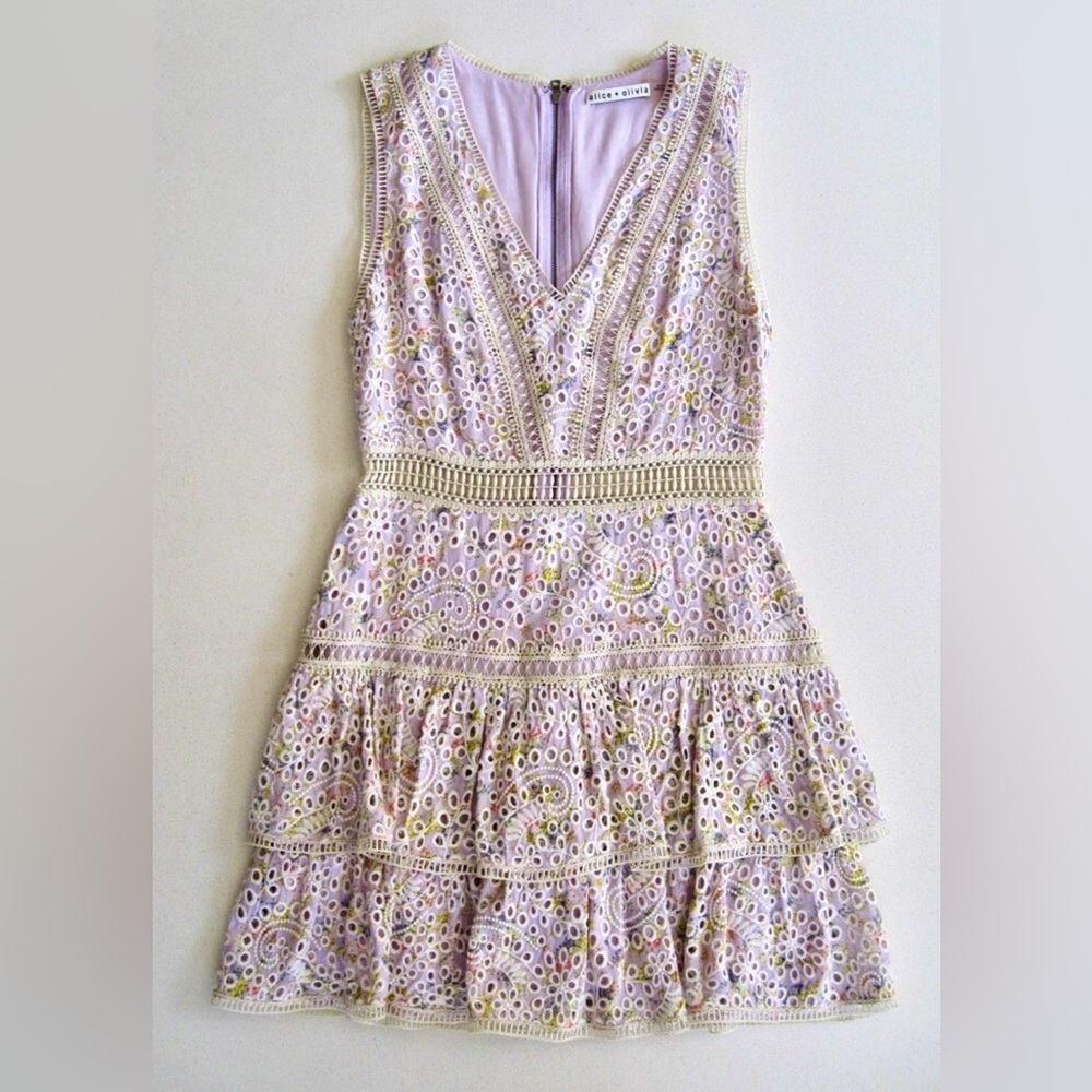 ALICE + OLIVIA Tonie Floral Lace Eyelet Tiered Ruffle Mini Sleeveless Dress - Picture 2 of 12
